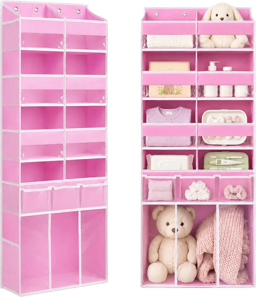 Extra Large Over The Door Organizer with Clear Pockets - 8 Compartments & XL Bottom Storage, Heavy-Duty Hanging Organizer for Bathroom, Bedroom, Closet (57 Inch Height). (Pink)