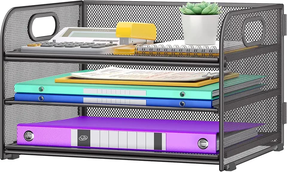 Cawukege 3 Tier Paper Organizer, Letter Tray with Handle, Mesh Desk Organizer, Metal File Organizer, Office Desk Accessories for Home, Office, School (1, Grey - 3 Tier, 12.6" x 9.1" x 7.5")