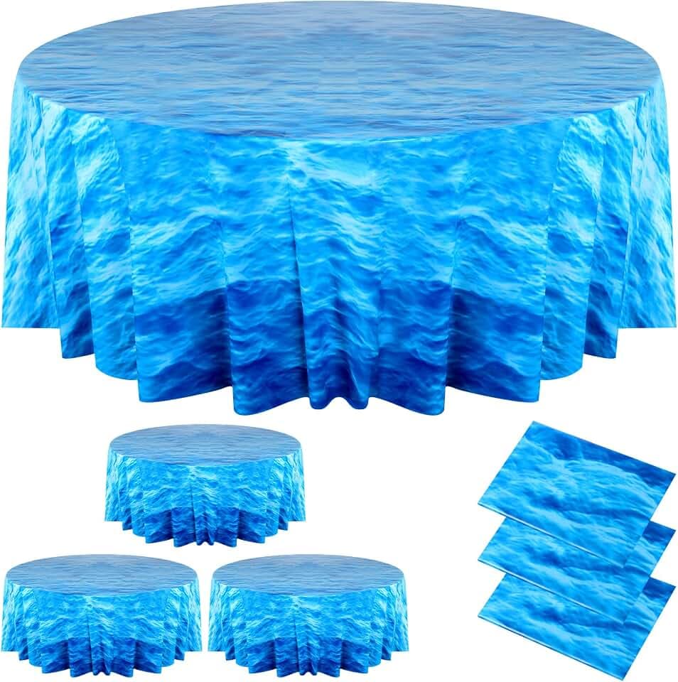 Remagr 3 Pack Round Ocean Waves Tablecloth 84 Inch Blue Sea Table Cloth Disposable Table Cover for Birthday Dining Buffet Party Picnic Indoor Outdoor Decor