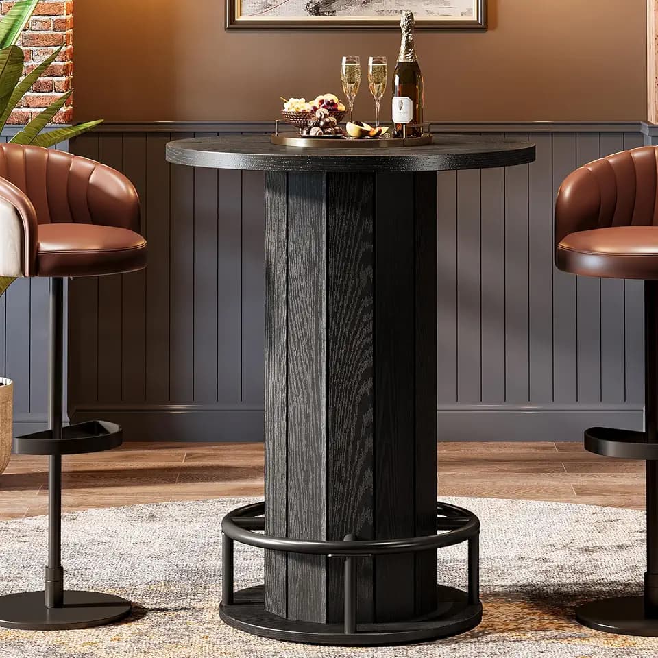 Tribesigns Round Bar Table, 39.4" H Wood Bistro Pub Table with Metal Ring Footrest for Dining Coffee Cocktail Living Room, Small Space, Black(Only Table)