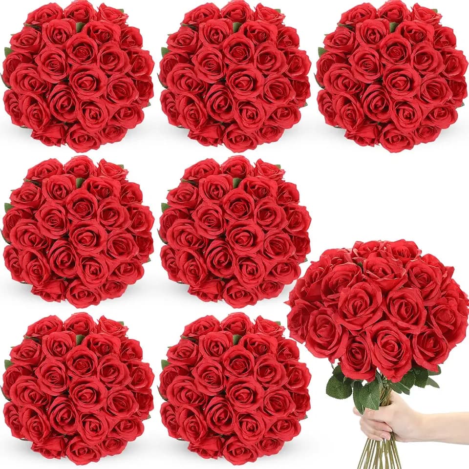 Lyrow 200 Pcs Artificial Roses Bulk, Silk Roses with Stem,Red