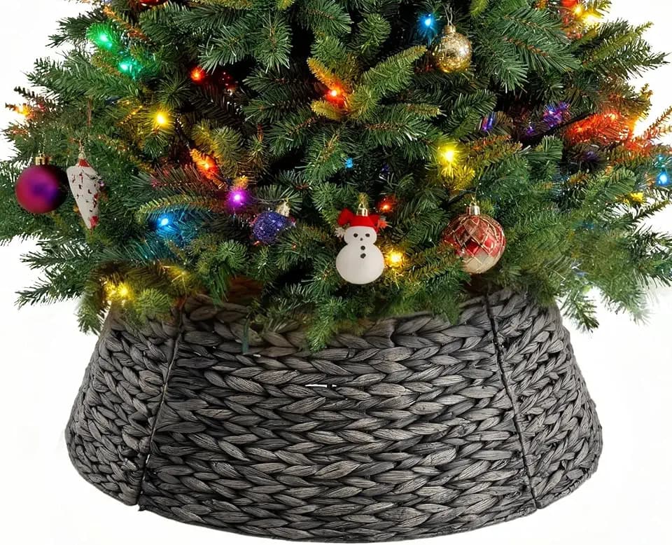 Sweetcrispy 24inch Christmas Tree Collar for 4.5-6ft Trees, Woven Hyacinth Rattan 4-Panel Collar w/Cord Access Hole & Easy Lock Design, Handwoven, Black