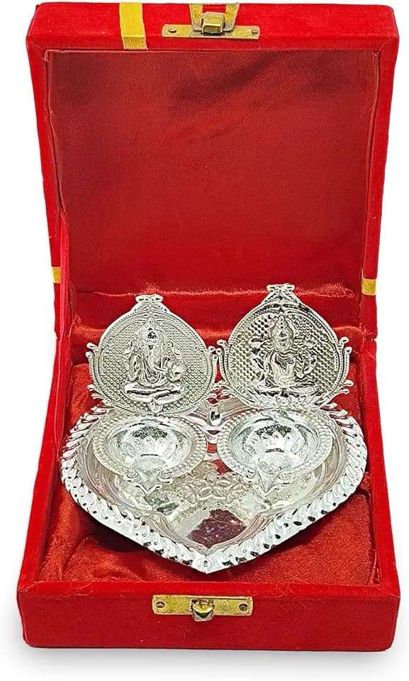 NOBILITY German Silver Diya with Red Velvet Gift Box Ganesh Lakshmi Design Idol Dia Pooja Items Diwali Decoration Puja Gifts Handmade Oil Lamp Traditional Indian Deepawali Gift Items