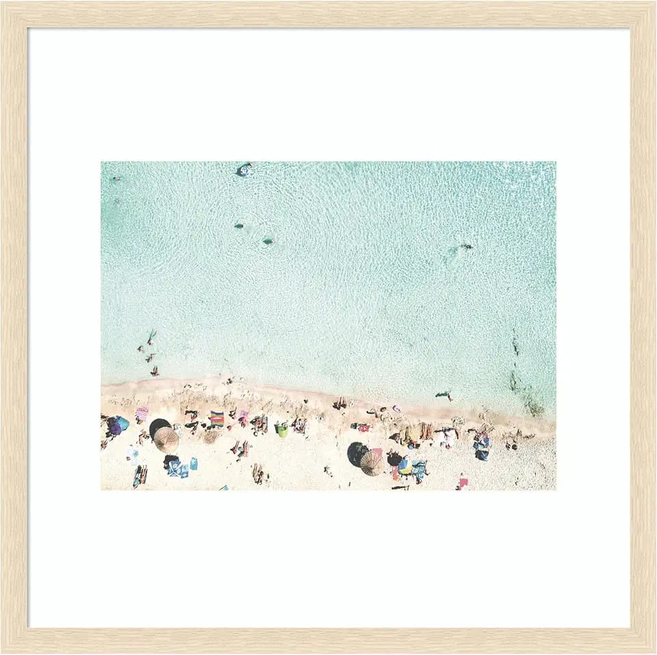Kate and Laurel Framed Wall Art Print Turquoise Beach from Above No. 2 by Amy Peterson, 26 x 26, Woodgrain Stripe Blonde Frame, Coastal, Beach Art for Wall Decor