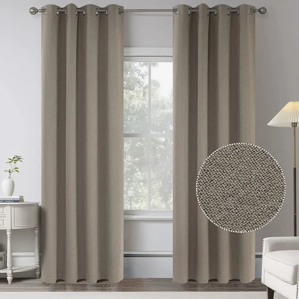 2 Panels Taupe Burlap Faux Linen Textured Quality Curtains -100 Percent Blackout Curtains 84 Inches Long - Shabby Chic Curtain Drapes for Modern Farmhouse (Greige,2 Panels,W 52 x L 84 Inch Length)