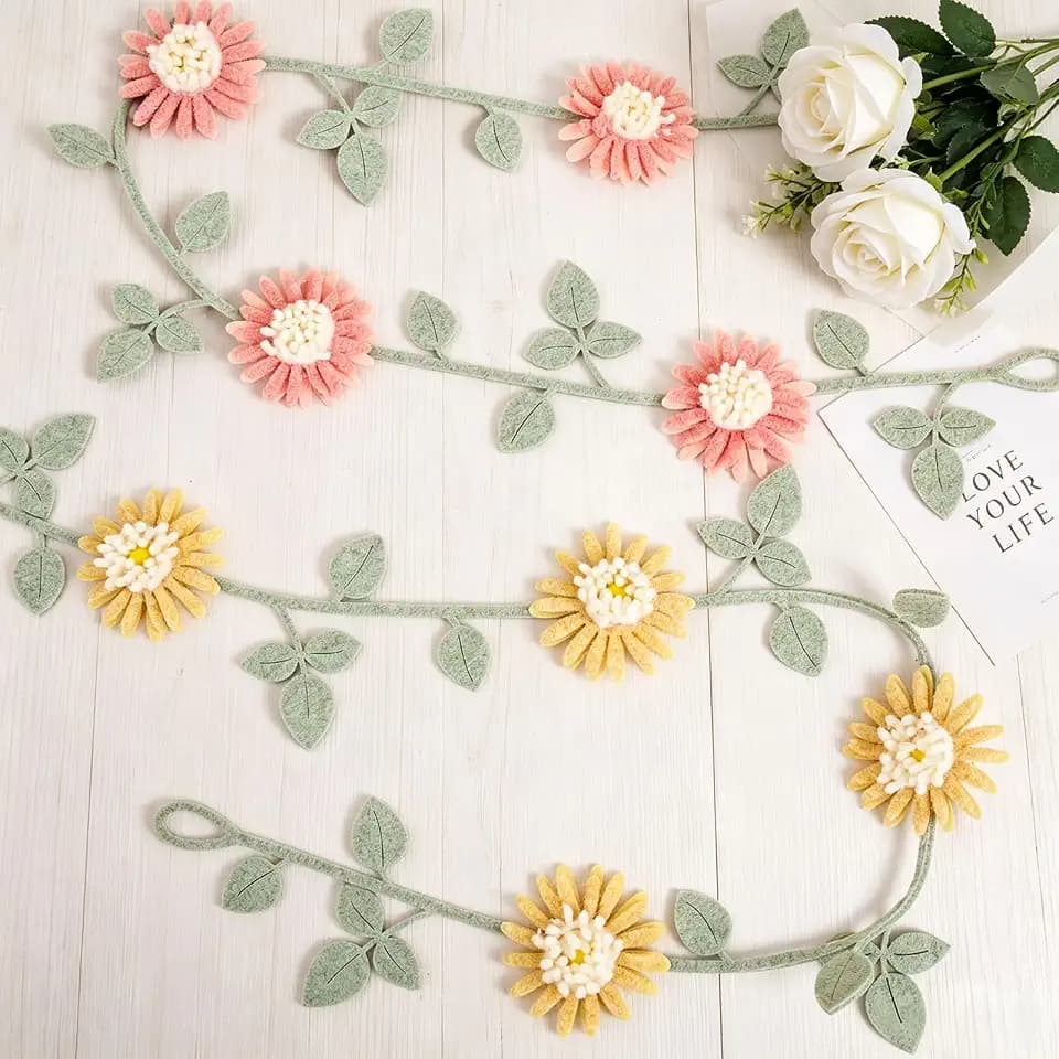 2Pcs Felt Daisy Garland, 7ft Hanging Banner, Boho Baby Shower Party Decor