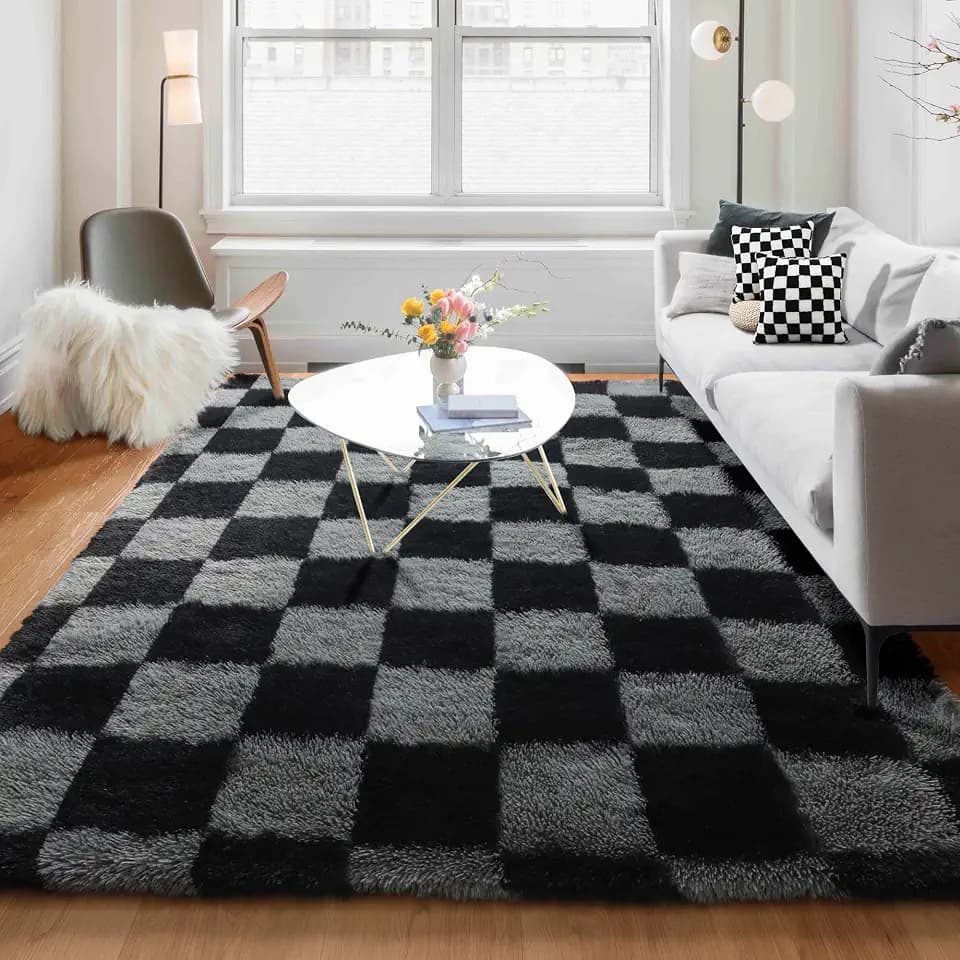 KICMOR Checkered Rugs for Living Room 5x8 Black and Grey, Fluffy Fuzzy Plush Soft Shag Area Rug, Large Big Shaggy Floor Carpets Geometric Rug for Bed Room Kids Boys Home Decor Aesthetic, Playroom