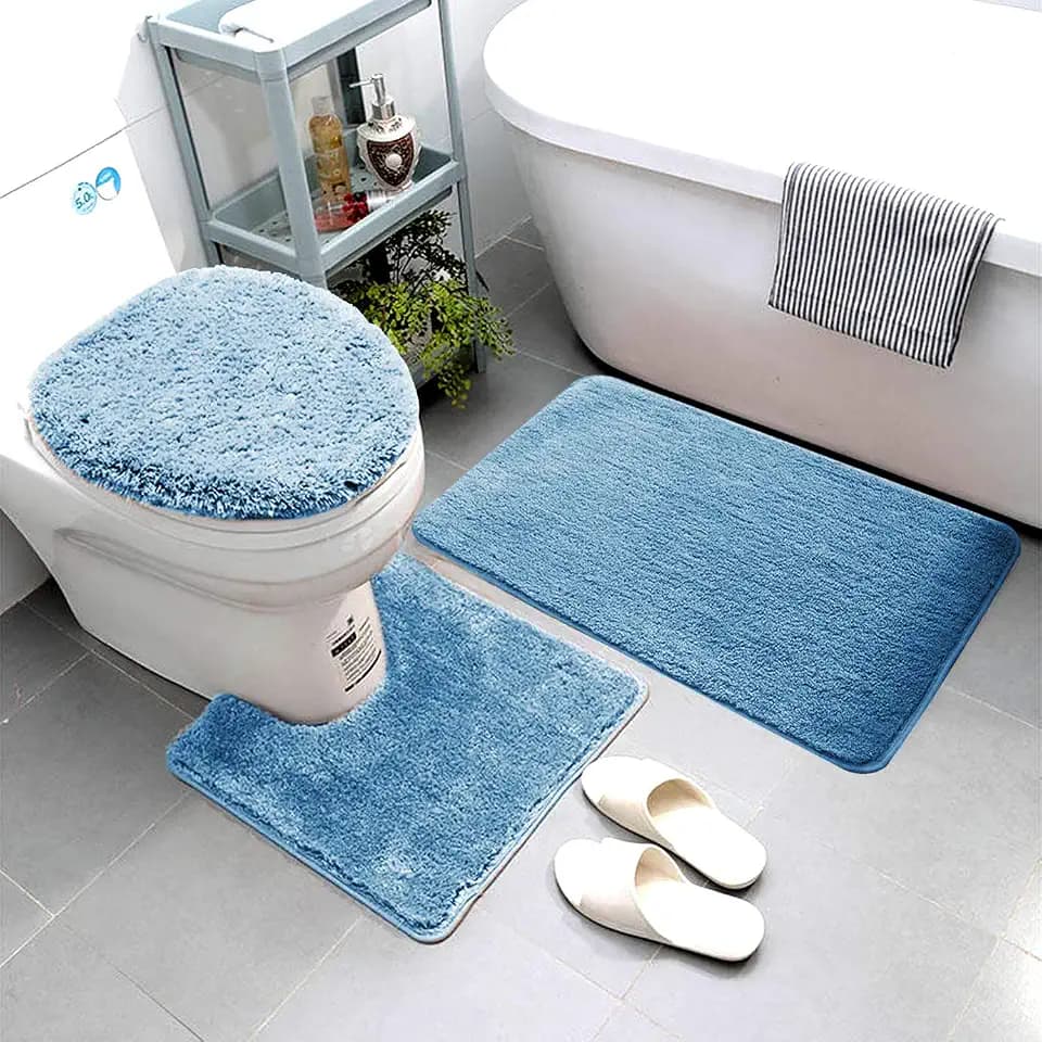 Luxury Home Collection 3 Piece Soft Microfiber Bathroom Rug Set Non-Slip Bath Rug with Rubber Backing, Contour Mat, and Toilet Lid Cover (Light Blue)