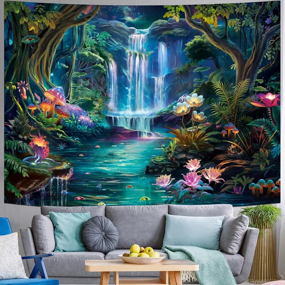 Generleo Forest Waterfall Tapestry Mushroom Flower Tapestries Colorful Floral Plants Tapestry Fantasy Landscape Backdrop Tapestries Wall Hanging for Bedroom Decor