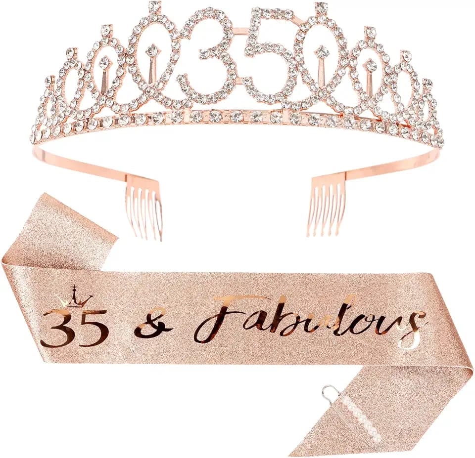 CIEHER 35th Birthday Crown & Sash Set + Tiara, Fabulous 35th Decorations & Gifts
