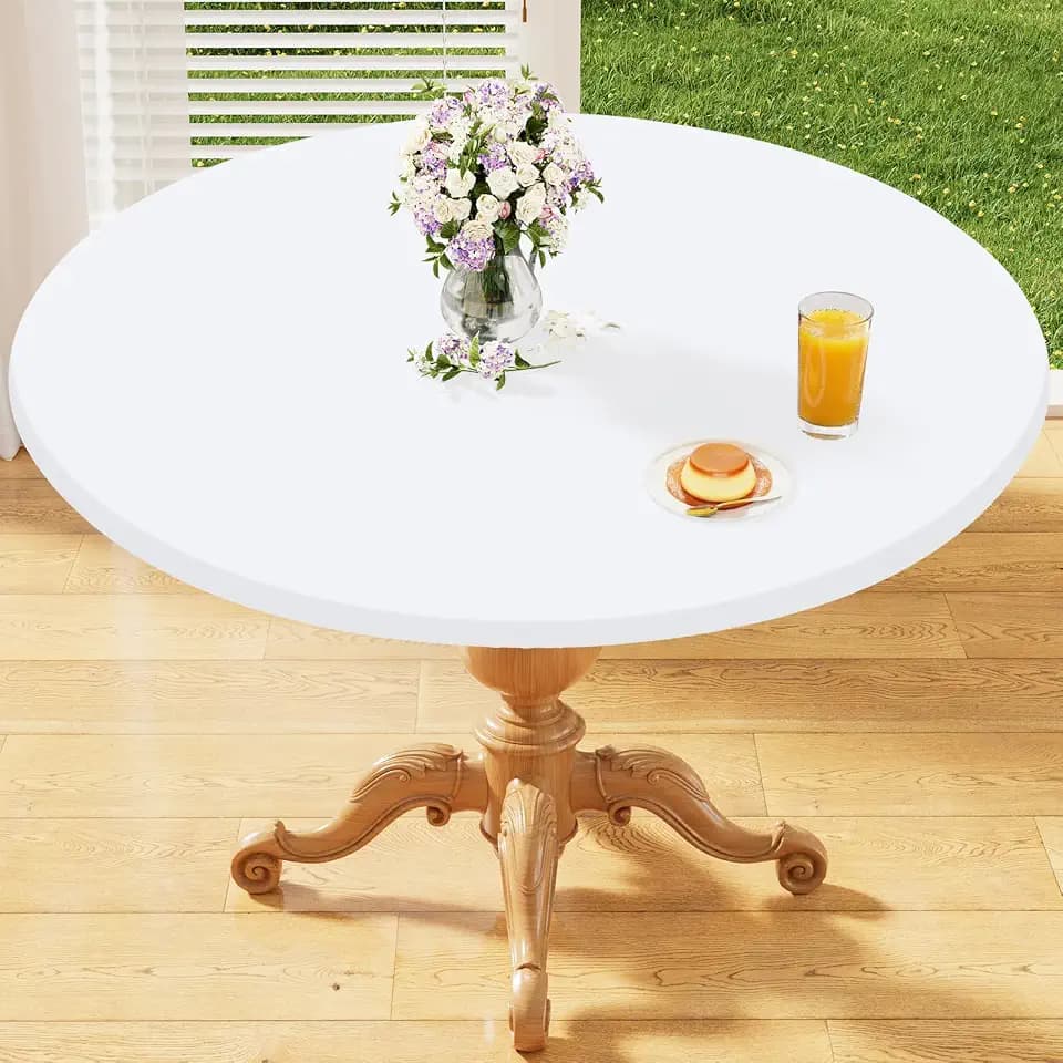 homing Round Elastic Fitted Tablecloth, Water-Resistant Fabric Tablecloths for 45"-52" Tables, Washable Polyester Table Cover for Picnic, Caming, Dinner, Indoor & Outdoor, White