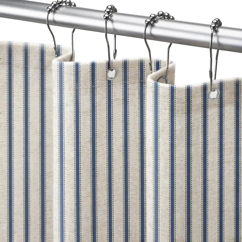 Farmhouse Striped Shower Curtain Navy Blue Vintage Linen Curtain 72W X 72L
