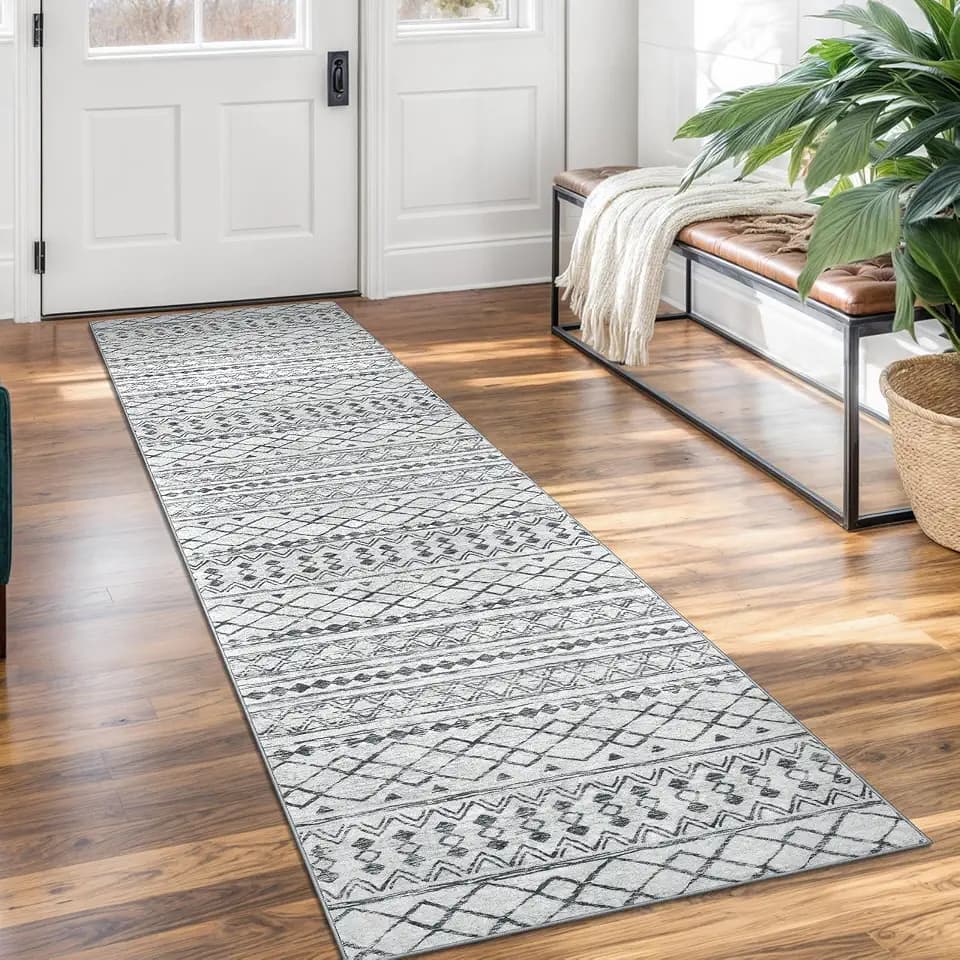 KUTA Boho Washable Runner Rug 2x7 Grey White Moroccan