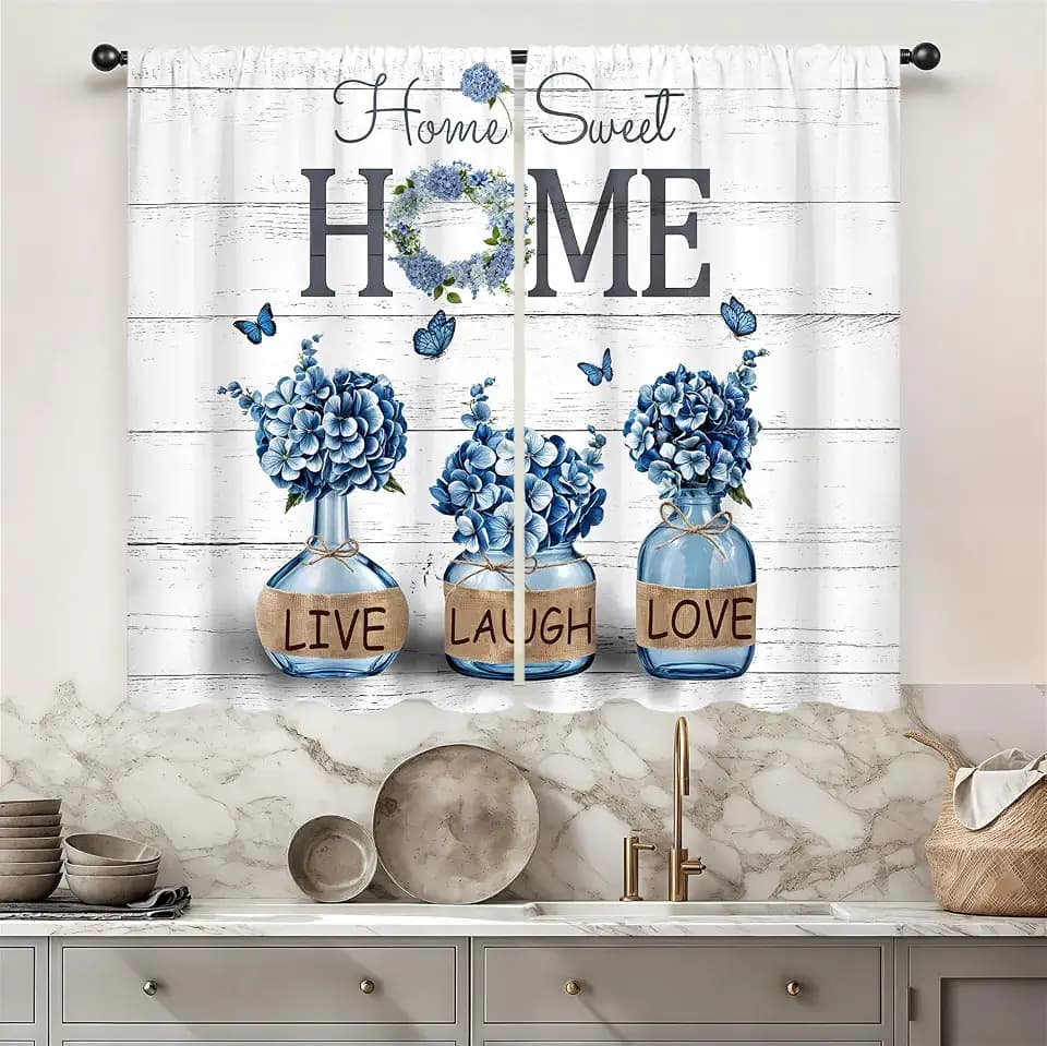 Farmhouse Blue Hydrangea Kitchen Curtains Rusitc Country Retro Vintage Home Sweet Small Short Cafe Tier Wooden Window Drapes Decor Bathroom Curtains Rod Pocket (27.5W X 39L Inch 2 Panels)