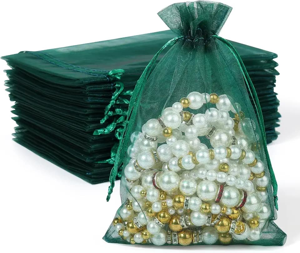 Hopttreely 100PCS Dark Green Organza Bags, 4X4.72 inch Mesh Bags Drawstring Gift Bag, Jewelry Pouches for Party, Christmas, Festival, Bathroom Soaps, Makeup Organza, Wrapping Supplie