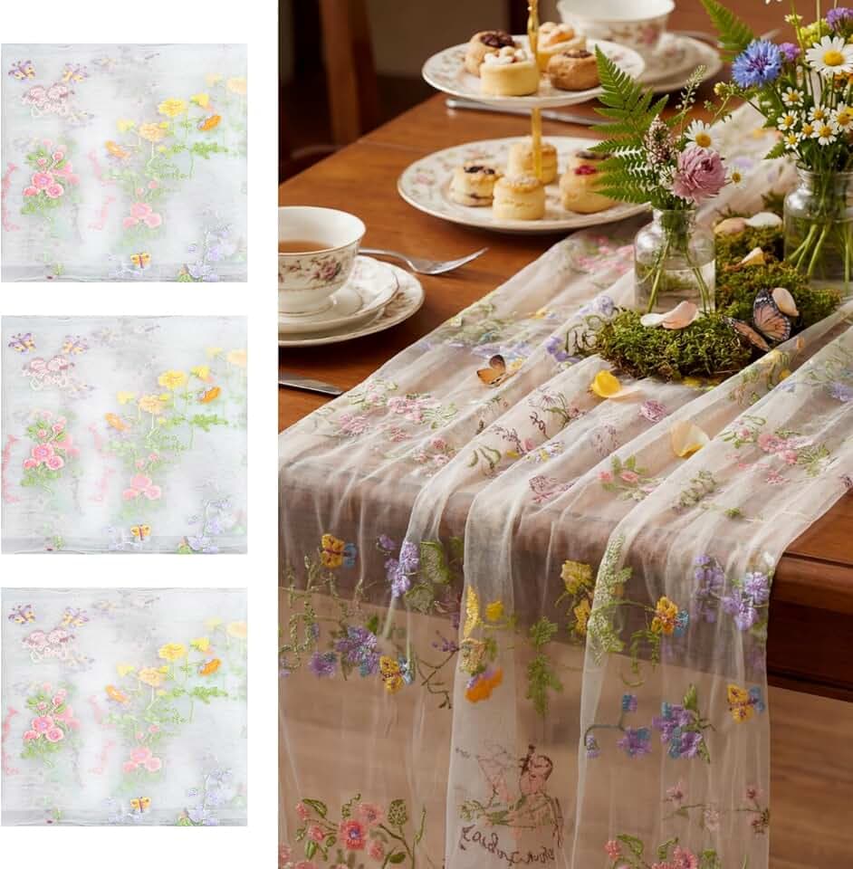 Ivory White Floral Table Runner 10ft Embroidery Tulle Spring Wildflower Table Runner Seasonal Summer Butterfly Kitchen Dining Gauze Decoration for Wedding Baby Shower Birthday Party (3 Pcs)