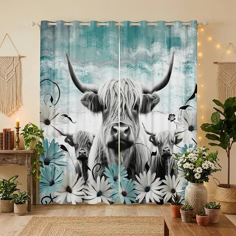Erosebridal Highland Cow Print Curtains & Drapes,Teal Western Farmhouse 30%-50% Blackout Curtains for Living Room,Longhorn Bull Window Treatments Daisy Floral Cowboy Home Decor 2 Panels,42 x 84 Inch