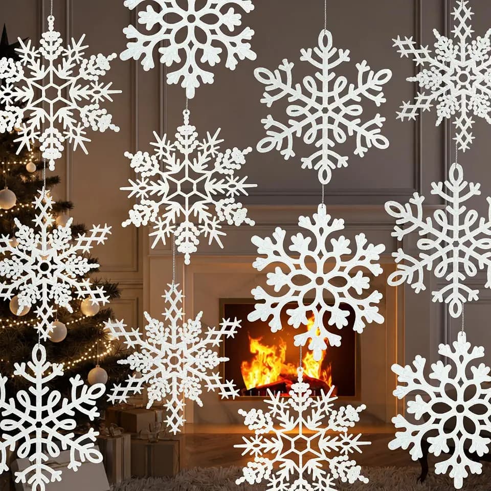 12pcs Large Christmas Snowflakes Decorations, 12" Big Plastic Glitter White Snowflake Ornaments for Winter Indoor Outdoor Christmas Tree Holiday Window Room Decor Craft Snowflakes