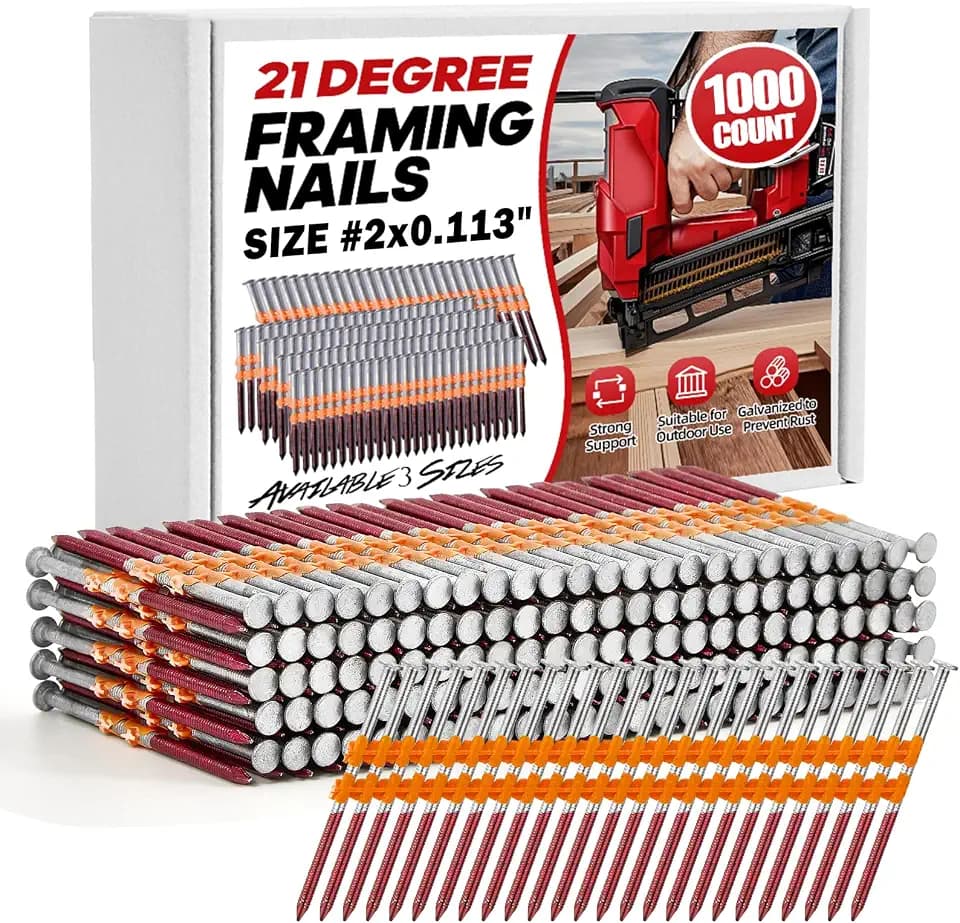 1000 Count 21 Degree Framing Nails, 2" x 0.113" Full Round Head, Ring Shank, Hot Dipped Galvanized, Plastic Collated Nails for 21° Round Head Framing Nail Guns