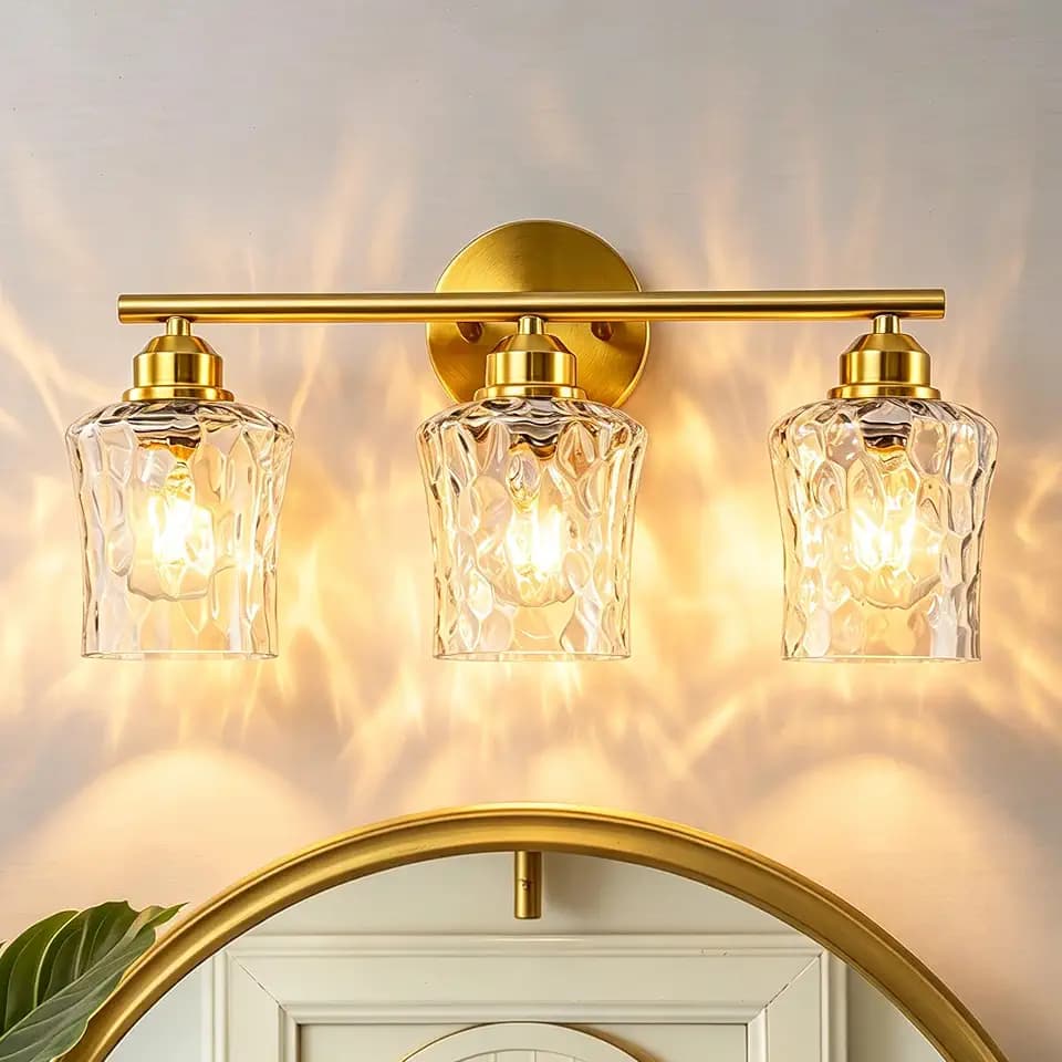 WILON Modern Bathroom Vanity Light, 3-Light Gold Vanity Lighting with Hammered Glass Shade, Corrosion-Resistant for Bathroom Vanity, Bedroom, Hallway