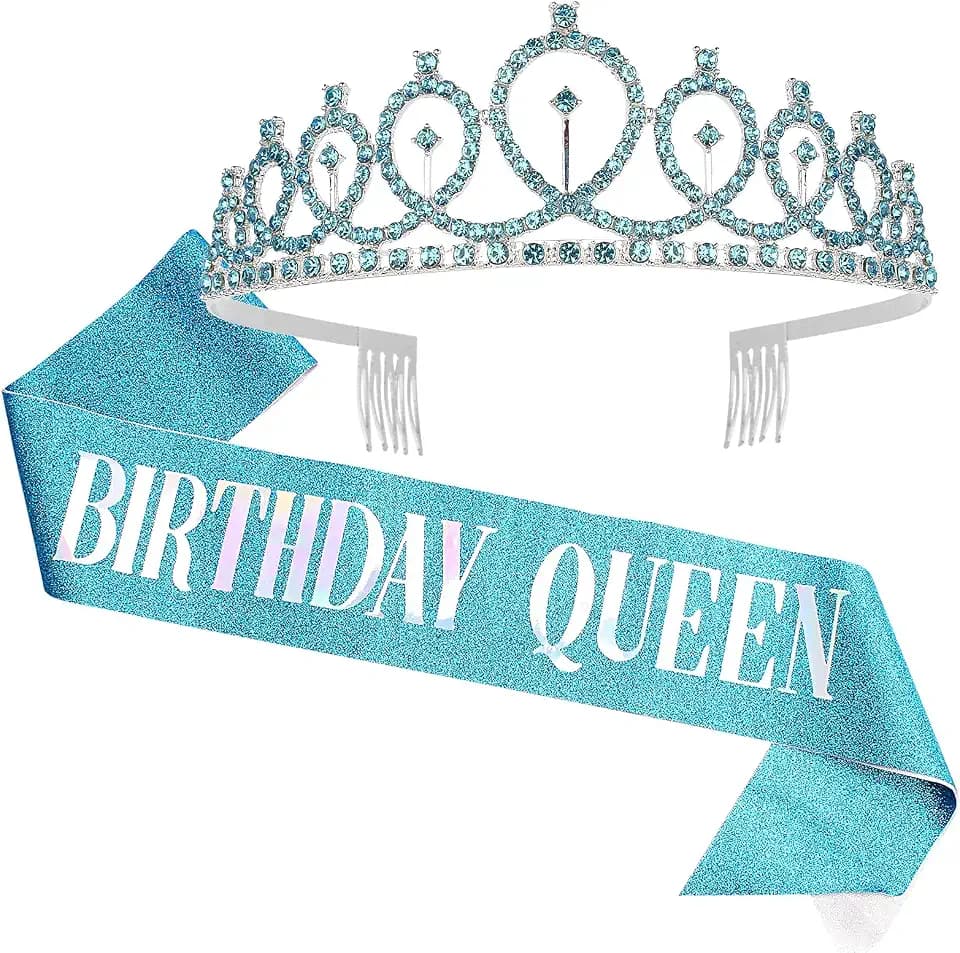CAVETEE Blue Birthday Crowns for Women Birthday Queen Sash & Rhinestone Tiara Set Party Supplies Gifts for Women (Multi Color Letter)