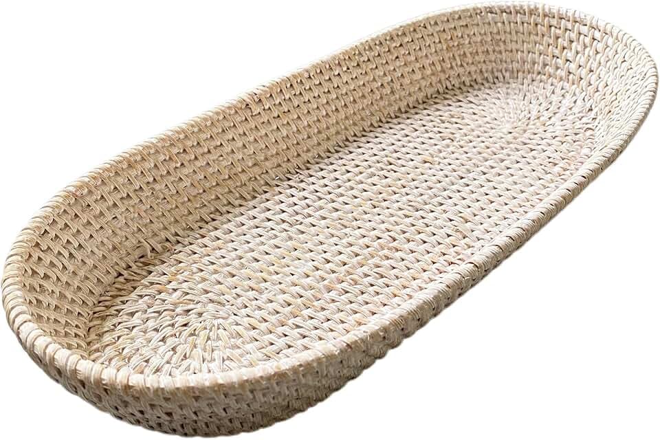 i-lan 17-Inch Long Rattan Basket, Oval Bread Tray, Whitewash
