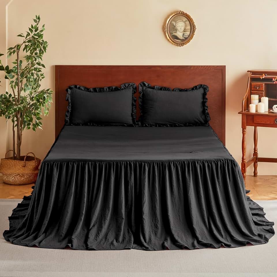 MR&HM Brushed Microfiber Ruffle Skirt Bedspread Set, Shabby Chic Style