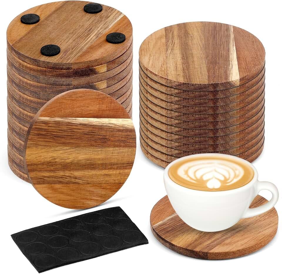 24PCS Wood Coasters Round Wooden Coaster for Drinks Coffee Table with Non-Slip Pad Acacia Cup Coaster for Coffee Home Kitchen 4 Inch Round
