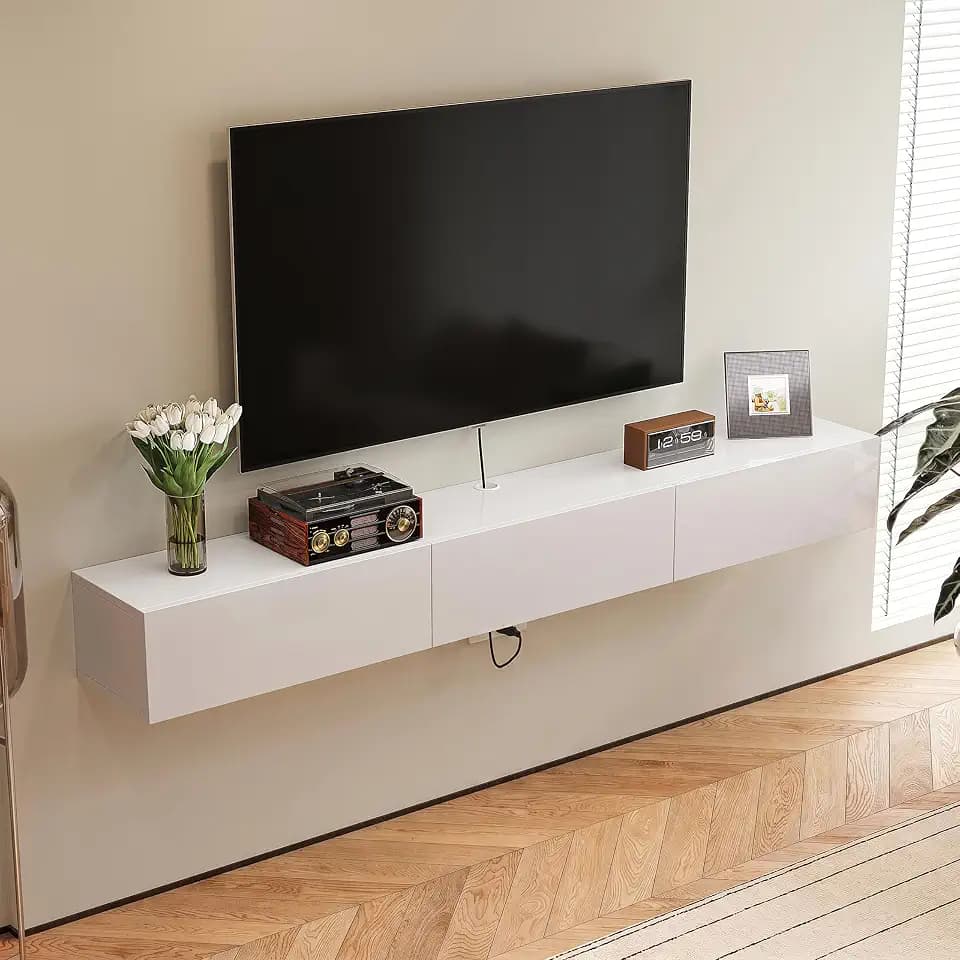 FurniNova 78'' Floating TV Stand,High Gloss Wall Mounted TV Console,White