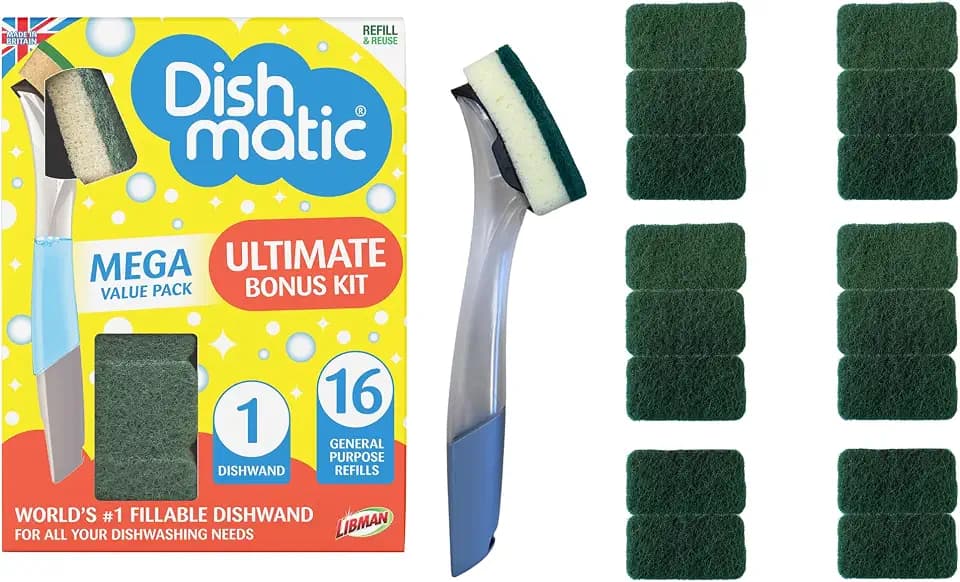 Dishmatic Fillable Dishwand Ultimate Bonus Kit, Soap Dispensing Dish Brush with 16 General Purpose Refills, Refillable Dish Wand with Flow Control, Non Scratch Sponge Head