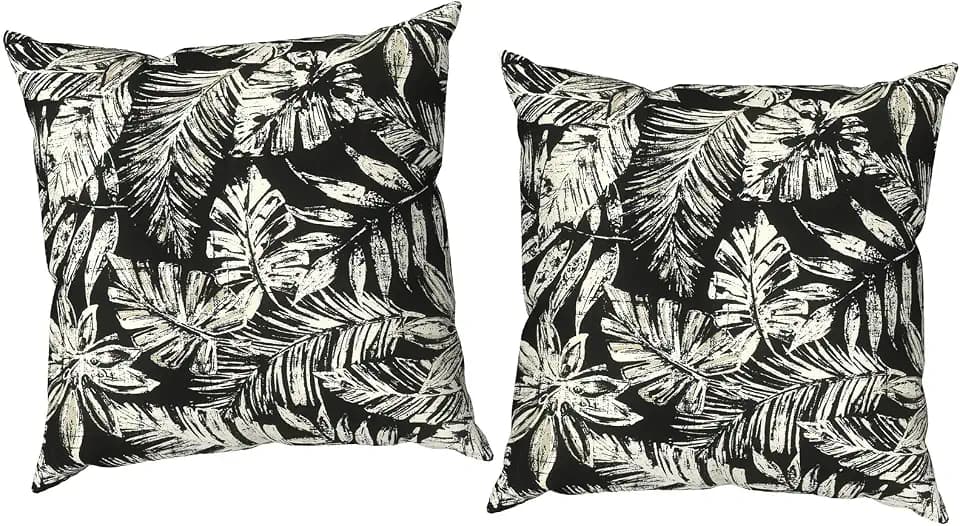 Outdoor Throw Pillow Covers 18x18 Inch, Decorative Pillow Covers for Patio Furniture, Tropical Leaf Black Modern Cushion Cases for Garden Couch Home Sofa, Pack of 2