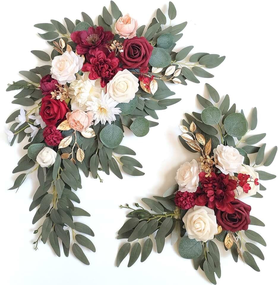Faux Flower Swag Set of 2 for Wedding Welcome Signs Floral Swag Wedding Reception Ceremony Signs Decor(Burgundy red & Cream)