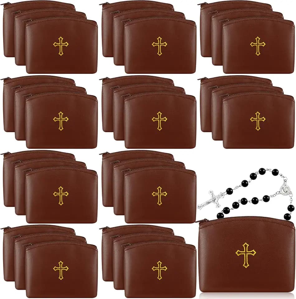 Shinylin 30 Pcs Rosary Pouches with Zipper Catholic Rosary Cases 4 x 3 Inches PU Leather Rosary Holder with Gold Cross Imprint (Brown)