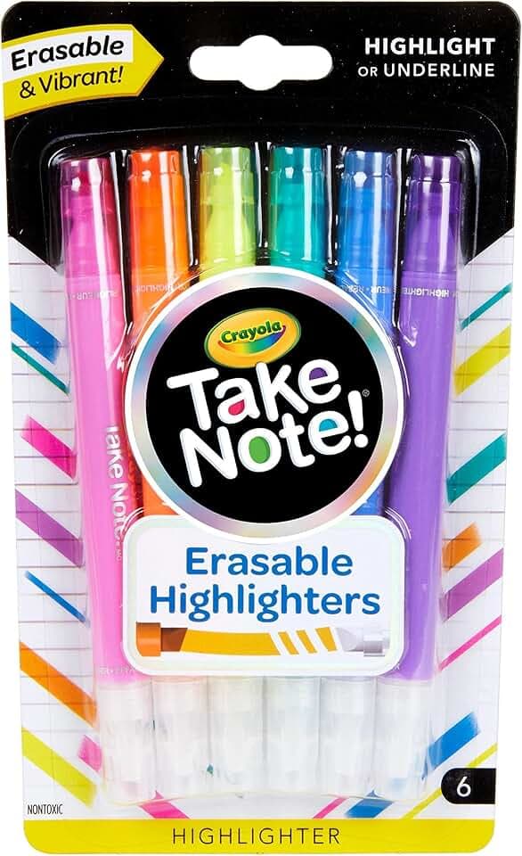 Crayola Take Note Erasable Highlighters 6ct, No Bleed, Teacher Essentials