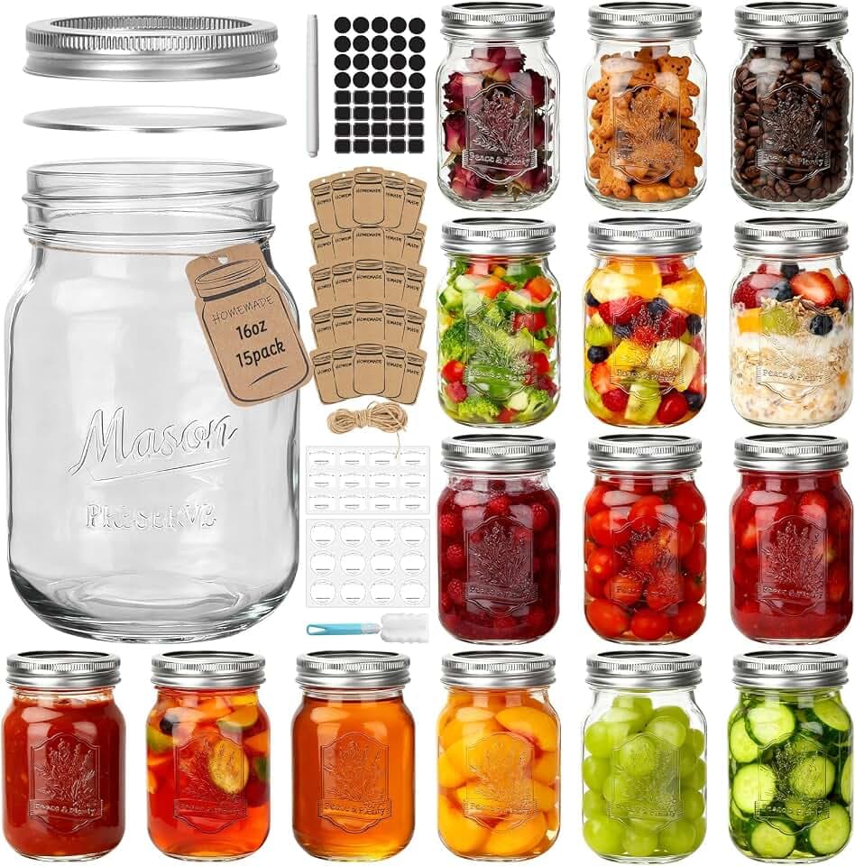 CycleMore 16oz Mason Jars, 15 Pack Glass Canning Jars with Lids and Bands