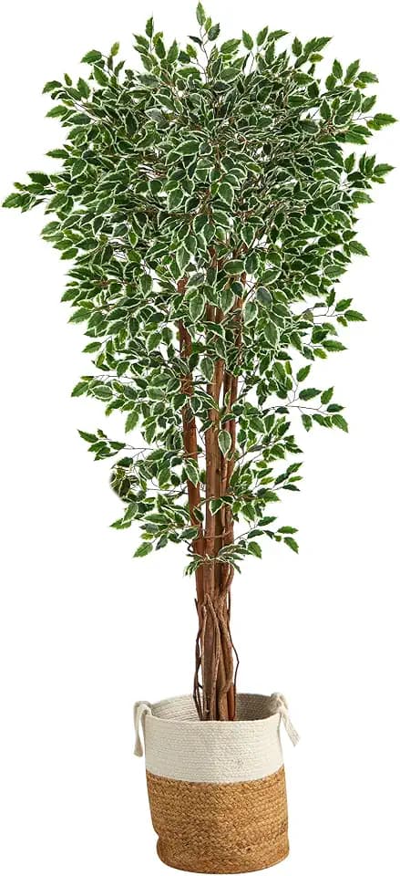 Nearly Natural 70in. Variegated Ficus Artificial Tree in Handmade Natural Jute and Cotton Planter UV Resistant (Indoor/Outdoor)