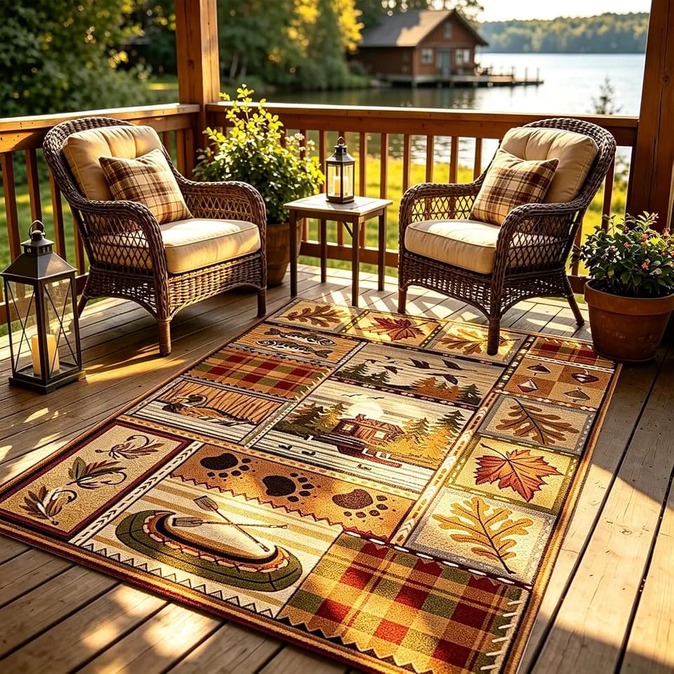 Rustic Cabin Fish Leaf Print Rugs for Home Office Decor Striped Pathwork Western Style Area Rug Floor Mat Low Pile Carpets,3'x5'