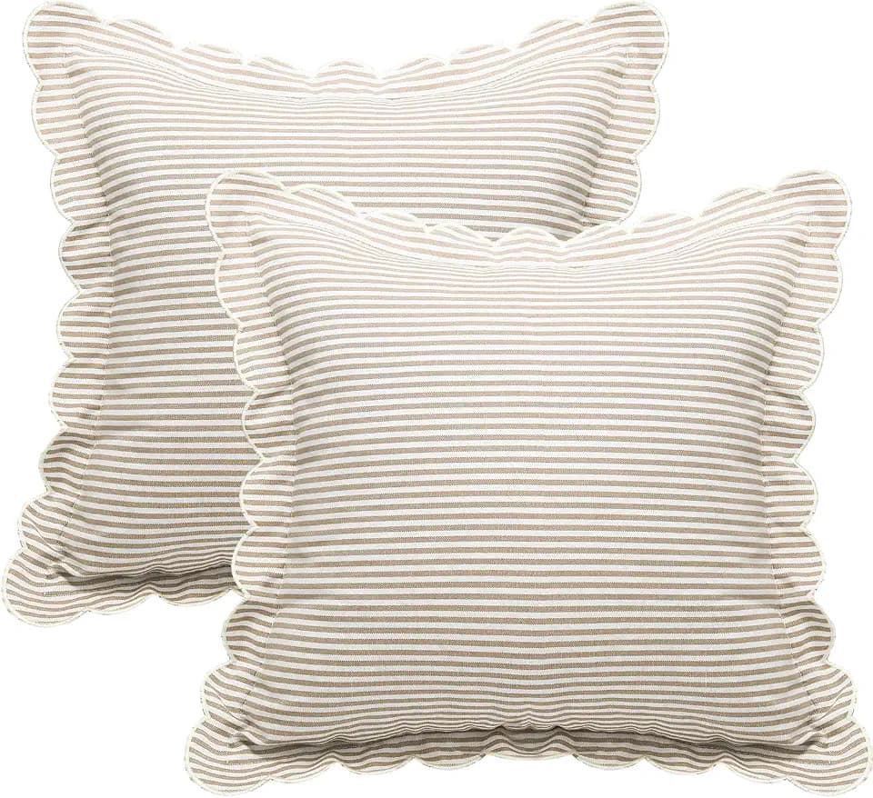 Newwiee 2 Pack Scalloped Pillow Covers, Beige Stripe, 18 x 18 Inch