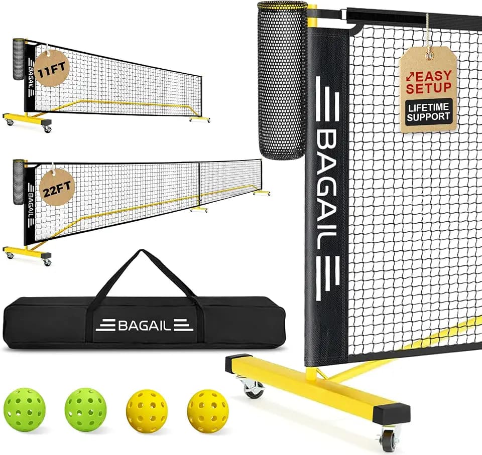 BAGAIL Portable Pickleball Net Set, 22 FT Regulation Size Pickle Ball Net with Ball Collector, 4 Balls and Carry Bag, Easy Setup for Outdoor Indoor Driveway