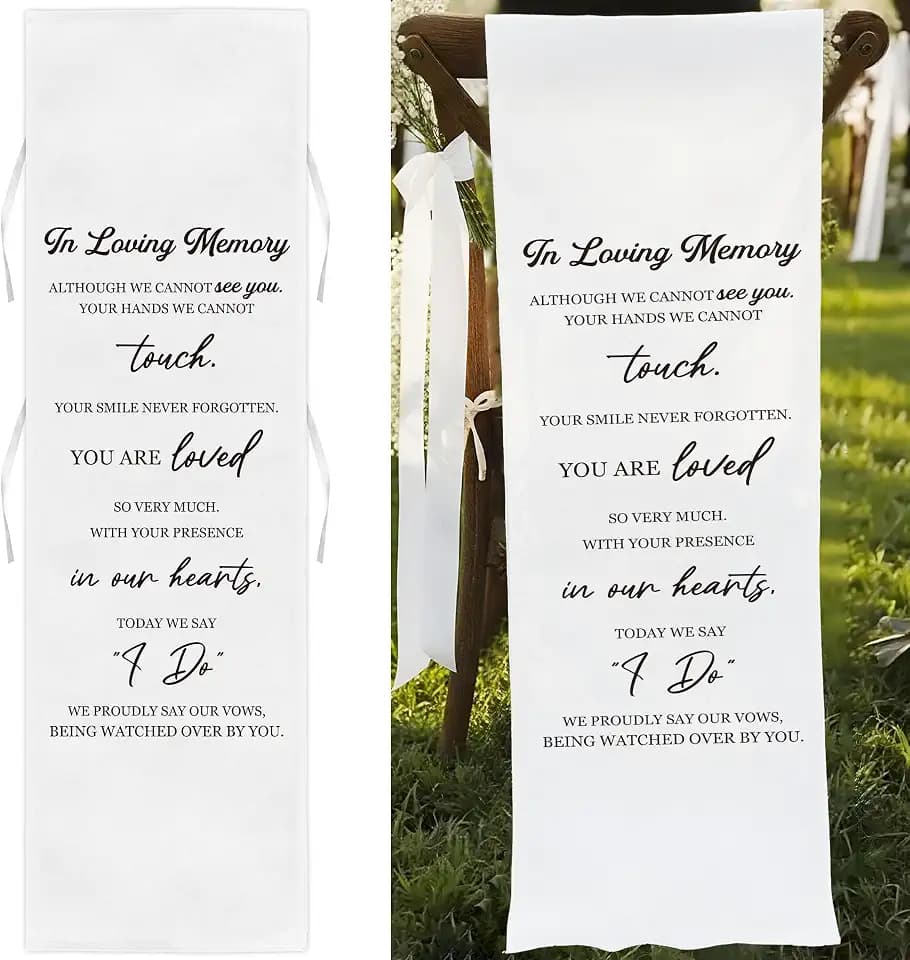 White In Loving Memory Wedding Chair Sign, Linen Reserved Memorial Wedding Chair Sign, Save a Seat for Someone in Heaven, Reserved Seating Signs for Weddings Decorations, 50x15 Inch-A01