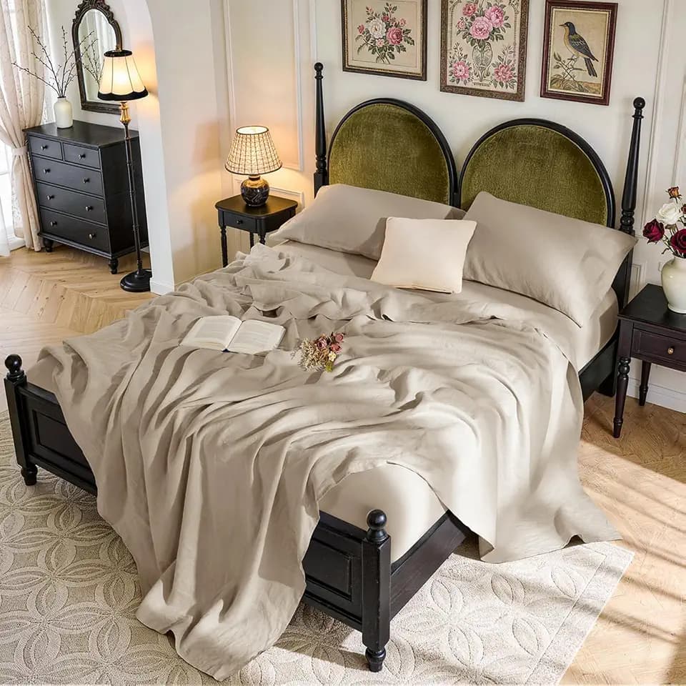 SONORO KATE 100% French Linen King Size Sheets Set,Natural Flax Bedding
