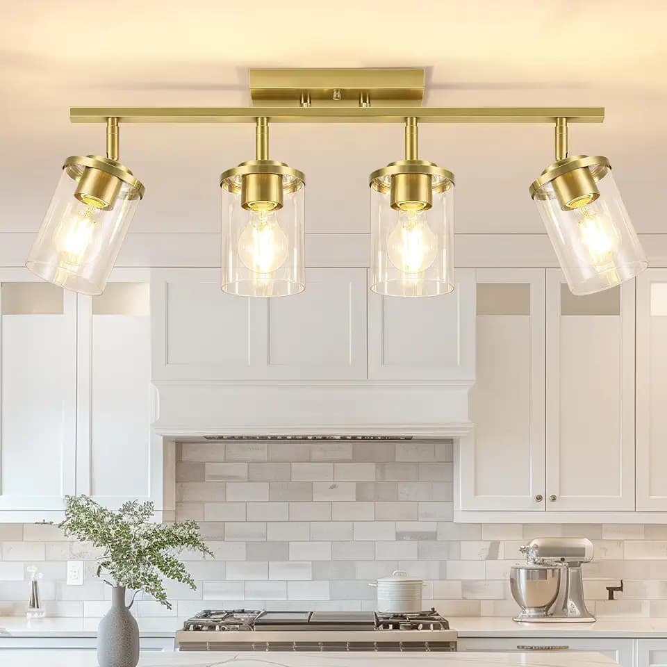 FadimiKoo 4-Lights Kitchen Track Lighting Fixtures Ceiling, Gold Semi Flush Mount Ceiling Light with Clear Glass, Multi-Directional Hallway Light Fixtures for Kitchen Entryway Bedroom Bathroom