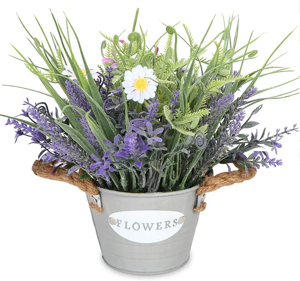 Artificial Lavender Plant 10" Purple Flowers with White Daisy in Galvanized Pot - Farmhouse Decor for Home Living Room Bedroom Bathroom Coffee Table