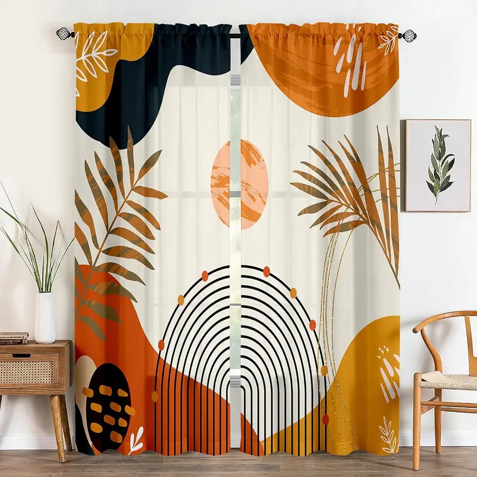 Boho Mid Century Abstract Leaves Curtains 52X84Inch Rainbow Living Room Curtain 2Pc Burnt Orange Curtains for Bedroom Modern Geometric Drapes Yellow Plant Colorful Curtain