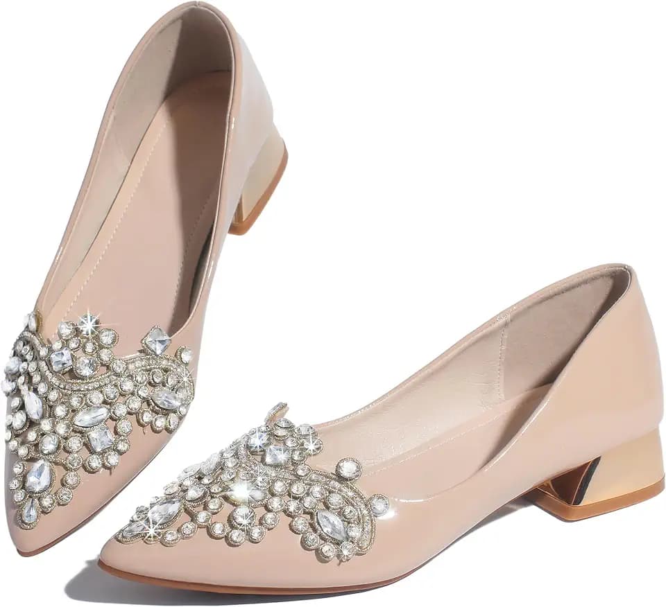 Women's Rhinestone Fashion Pointed Toe Pearl Diamond Low Heel Dress Wedding Work Business Dance Pumps