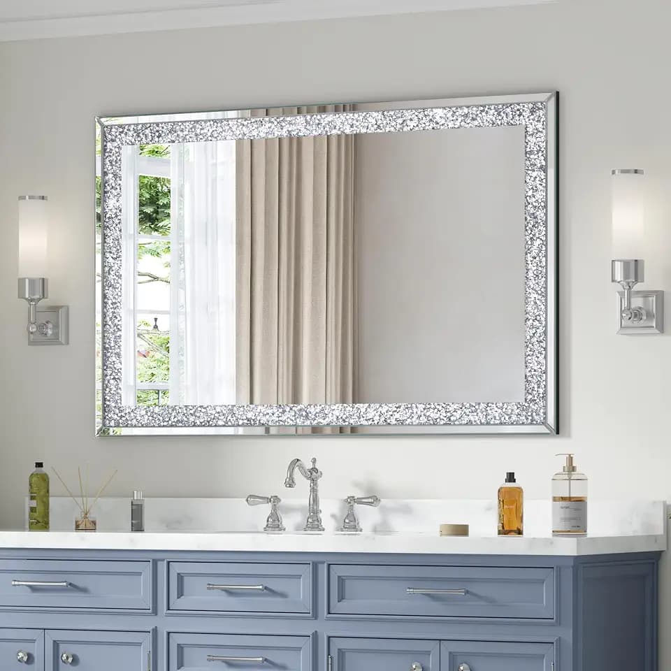 Crystal Crush Diamond Mirror 47x30inch Silver Rectangle Wall Mirror