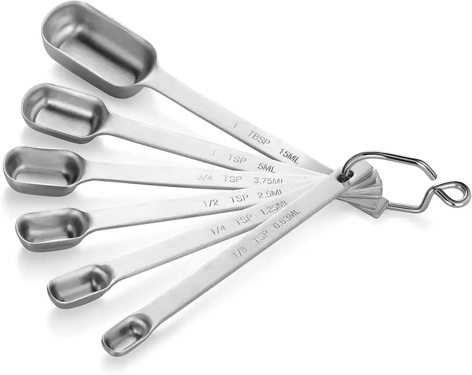 New Star Foodservice 43136 Stainless Steel 1/8 Measuring Spoons, Set of 6, Narrow Rectangular Measuring Spoon Set with Wall Mount Hook for Spices, Baking, Cooking, Silver