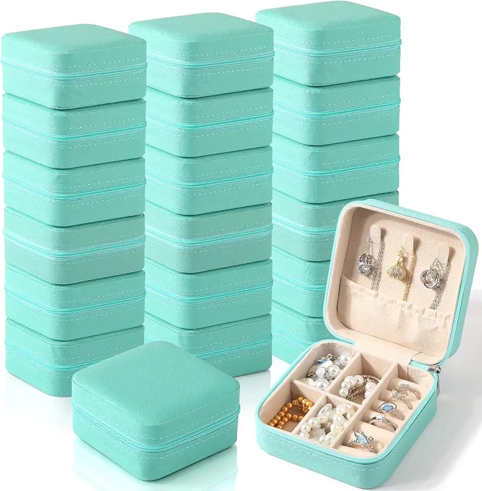 VZZNN 18 Pack Travel Jewelry Case, Small Travel Jewelry Organizer Box with Mirror, PU Leather Mini Jewelry Storage Holder for Rings Earrings Necklaces, Bridesmaid Gifts for Women Girls – Blue