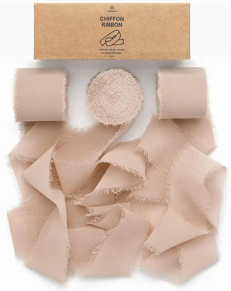 Vitalizart Nude Handmade Chiffon Silk Ribbon Fringe 3 Rolls 1.5" x 21 Yd Brown Frayed Edges Ribbons for Wedding Invitations Bridal Bouquets Gifts Wrapping Crafts Holiday Decor