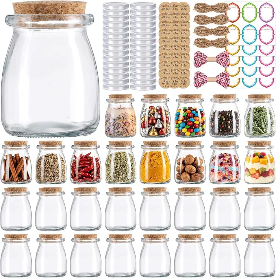 30 Pack 7oz Glass Jars with Cork Lids & PE Lids, Yogurt & Candle Jars